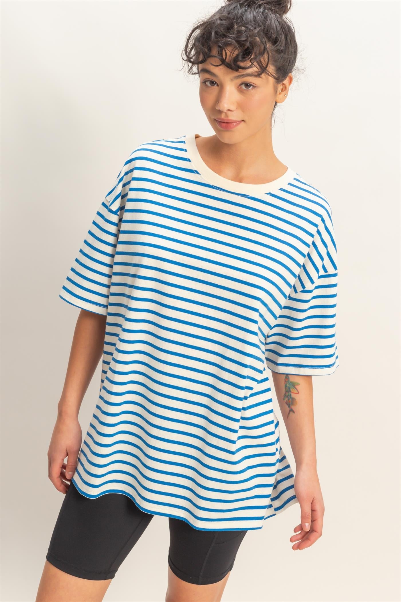 Blue Striped Short Sleeve Crew Neck Oversized Cotton Top