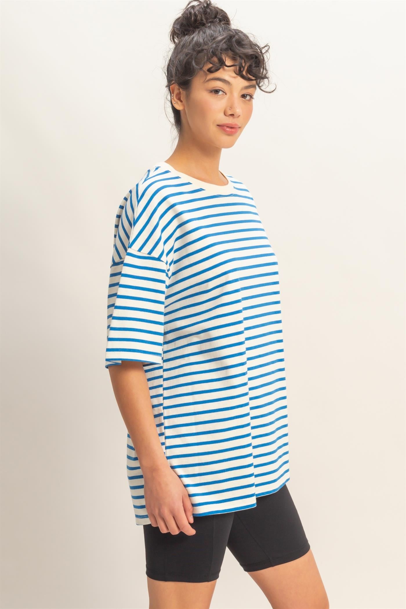 Blue Striped Short Sleeve Crew Neck Oversized Cotton Top