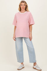 Pink Striped Short Sleeve Crew Neck Oversized Cotton Maternity Top