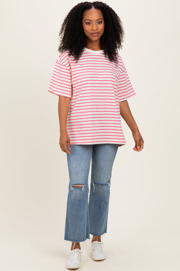Pink Striped Short Sleeve Crew Neck Oversized Cotton Top