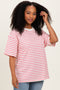 Pink Striped Short Sleeve Crew Neck Oversized Cotton Top