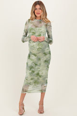 Light Olive Floral Mesh Overlay Maternity Maxi Dress