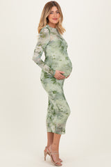 Light Olive Floral Mesh Overlay Maternity Maxi Dress