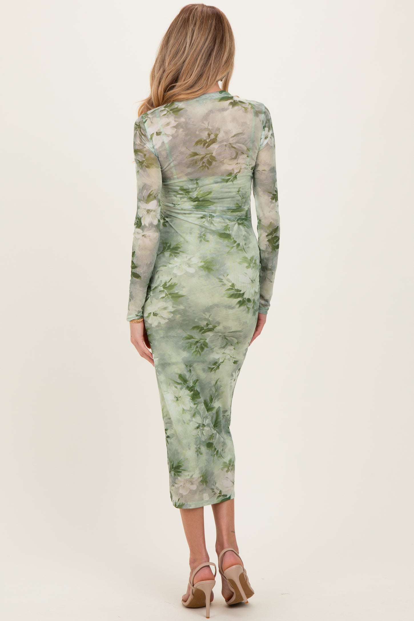 Light Olive Floral Mesh Overlay Maternity Maxi Dress