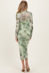 Light Olive Floral Mesh Overlay Maternity Maxi Dress