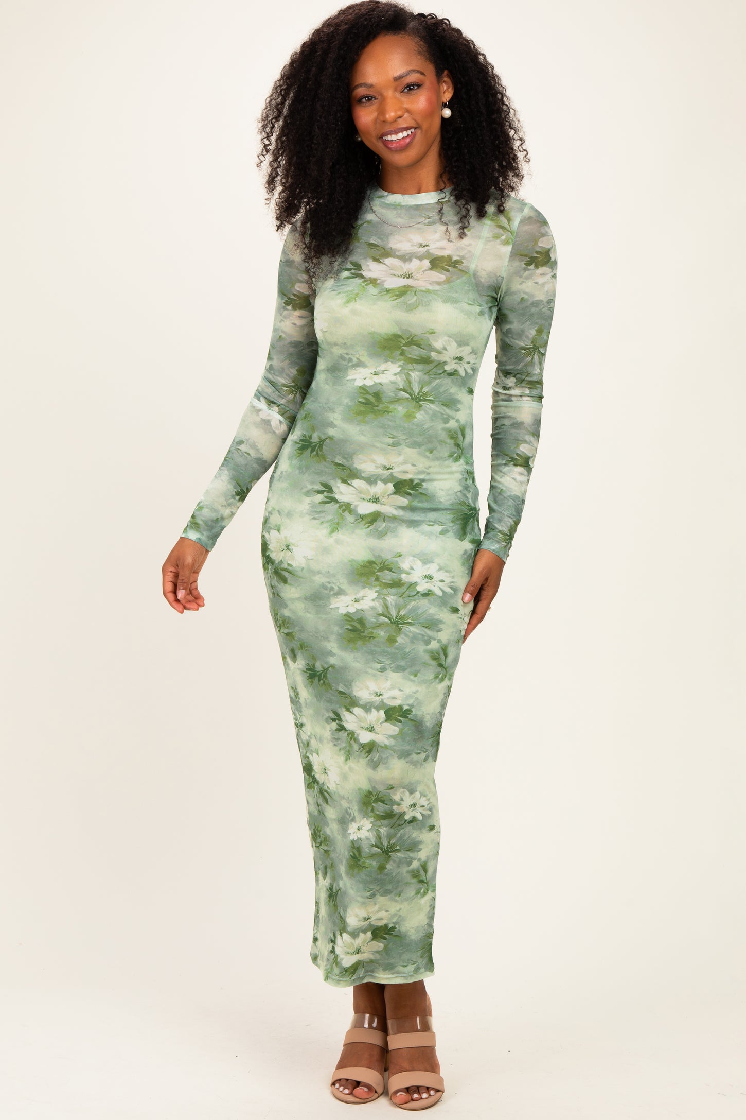 Light Olive Floral Mesh Overlay Maternity Maxi Dress