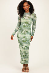 Light Olive Floral Mesh Overlay Maternity Maxi Dress