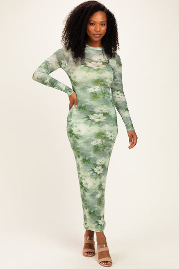 Light Olive Floral Mesh Overlay Maxi Dress