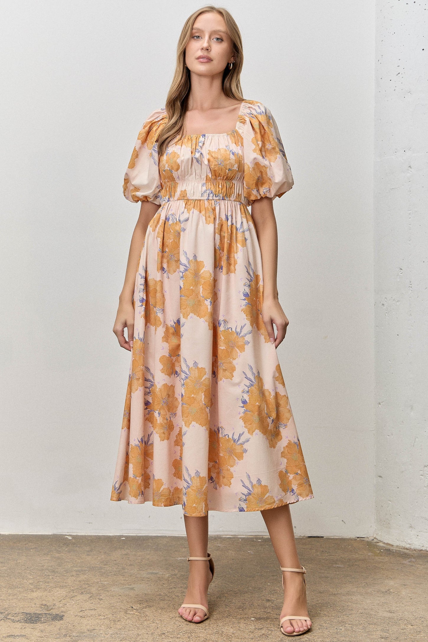 Peach Floral Print Square Neck Bubble  Sleeve Maternity Midi Dress