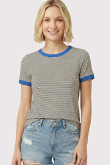 Ivory Blue Trimmed Striped Top