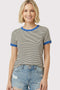 Ivory Blue Trimmed Striped Top
