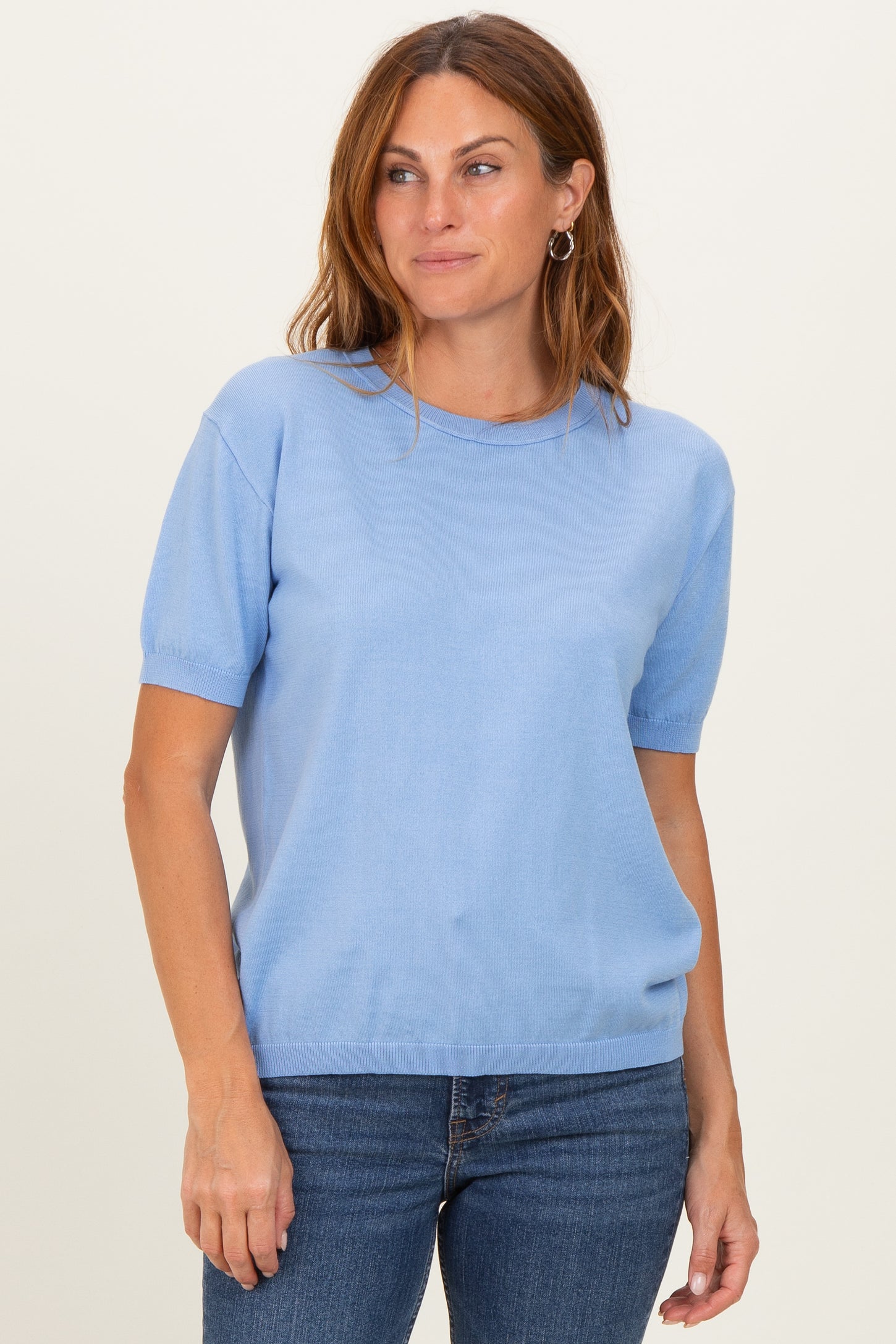 Blue Crew Neck Solid Sweater