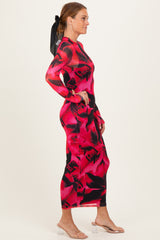 Red Abstract Print Mesh Overlay Maxi Dress