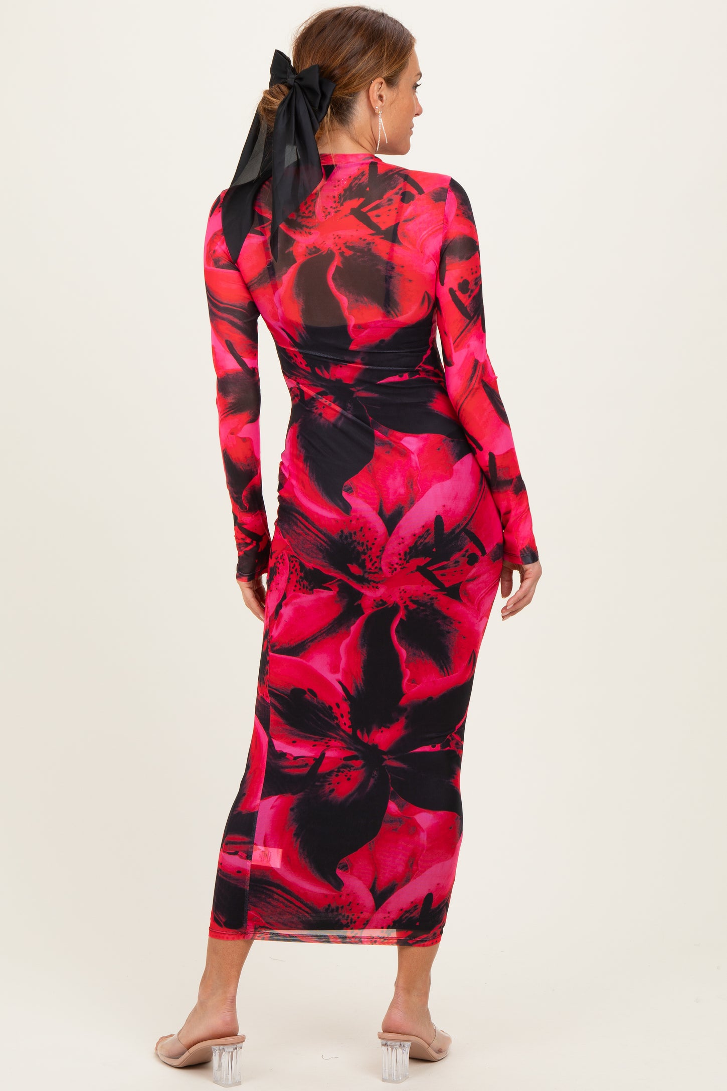 Red Abstract Print Mesh Overlay Maxi Dress