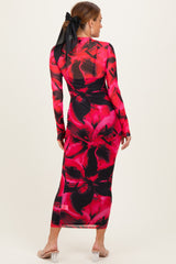 Red Abstract Print Mesh Overlay Maxi Dress