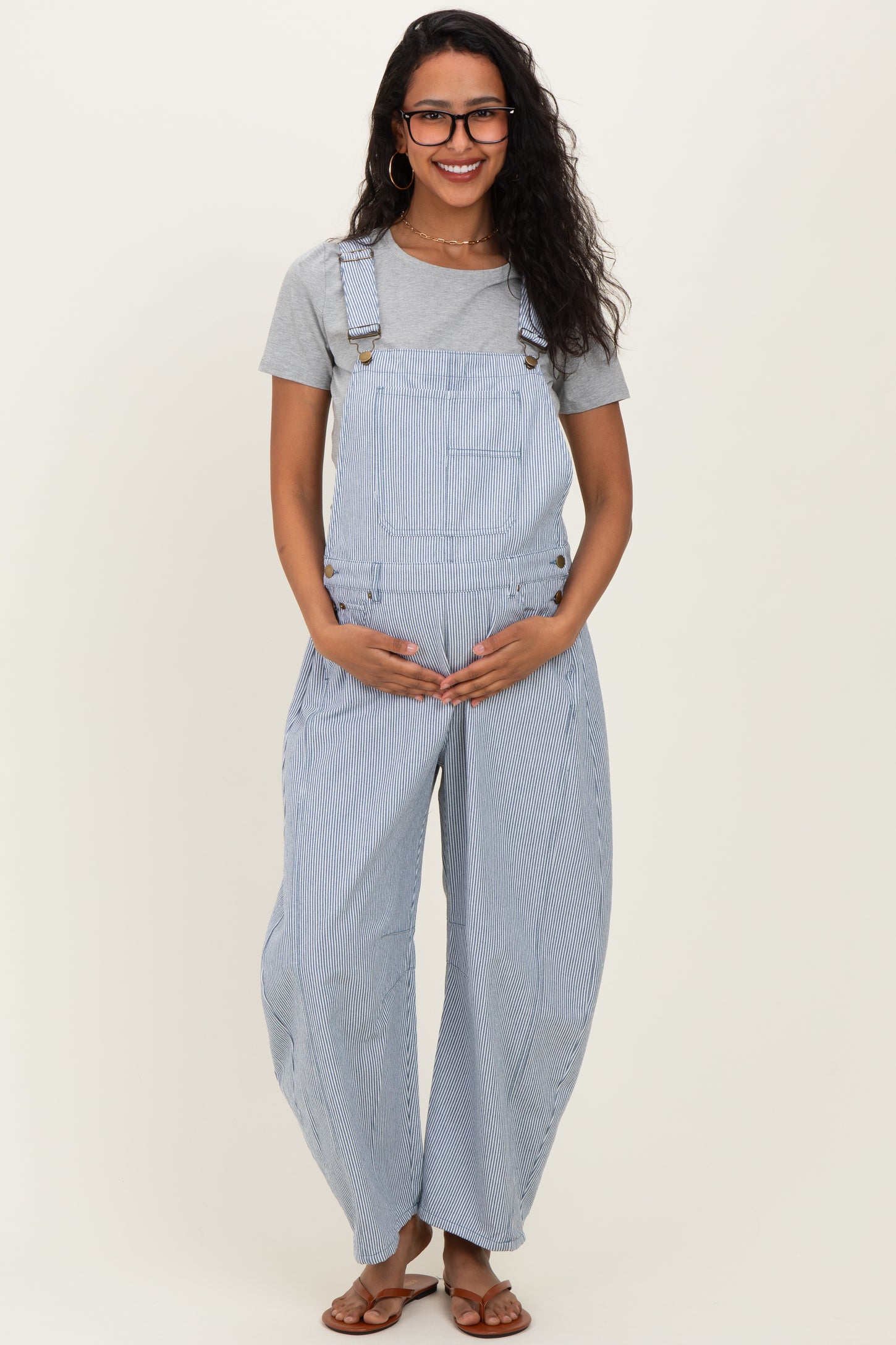 Blue Pinstriped Barrel-Leg Maternity Overalls