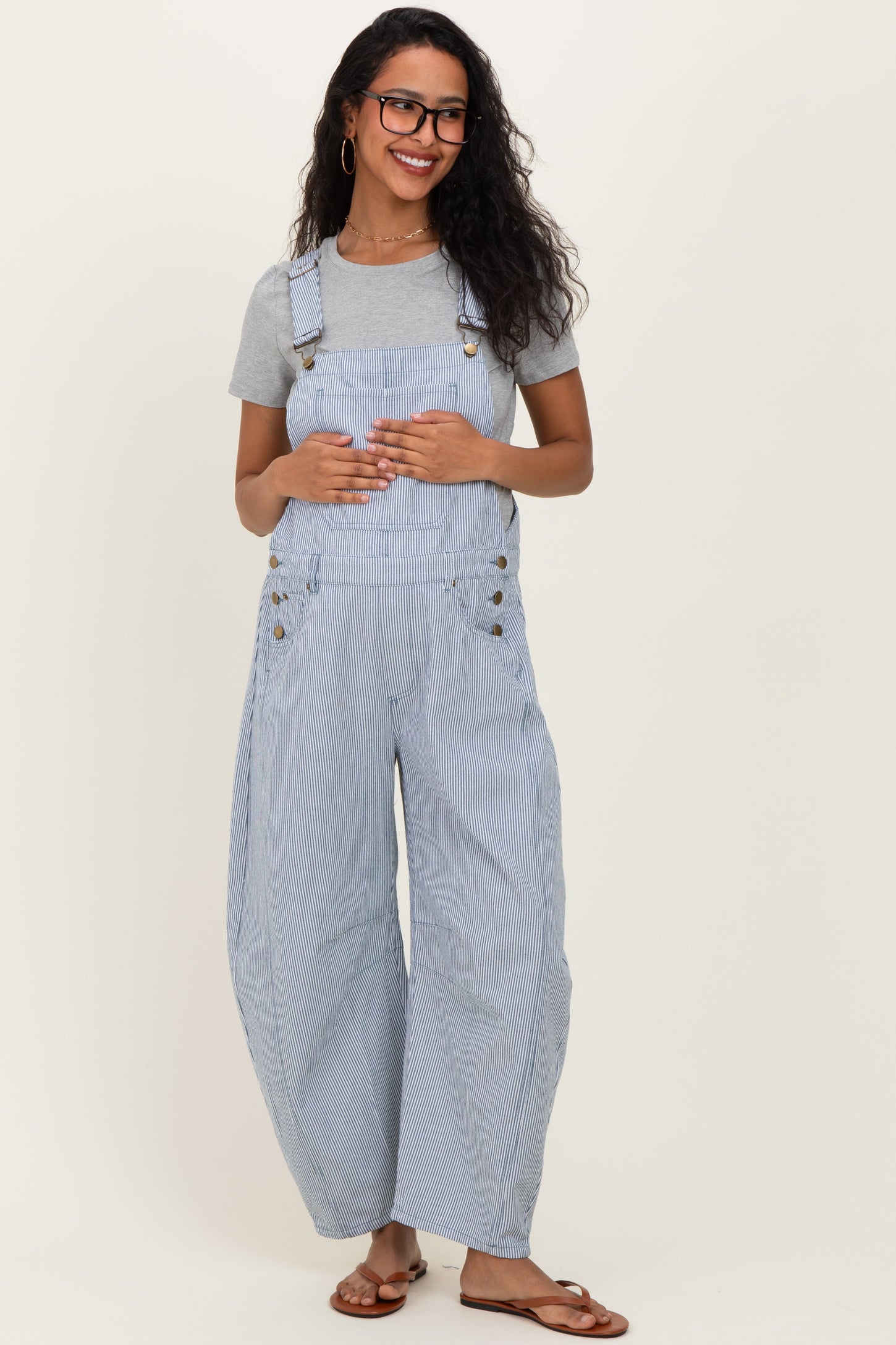 Blue Pinstriped Barrel-Leg Maternity Overalls