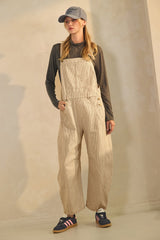 Taupe Pinstriped Barrel-Leg Overalls