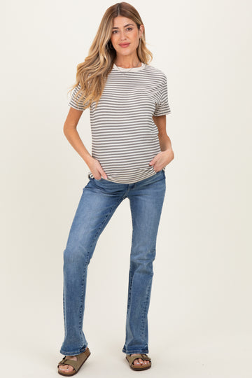 Beige/Black Short Sleeve Round Neck Stripe Maternity Tee