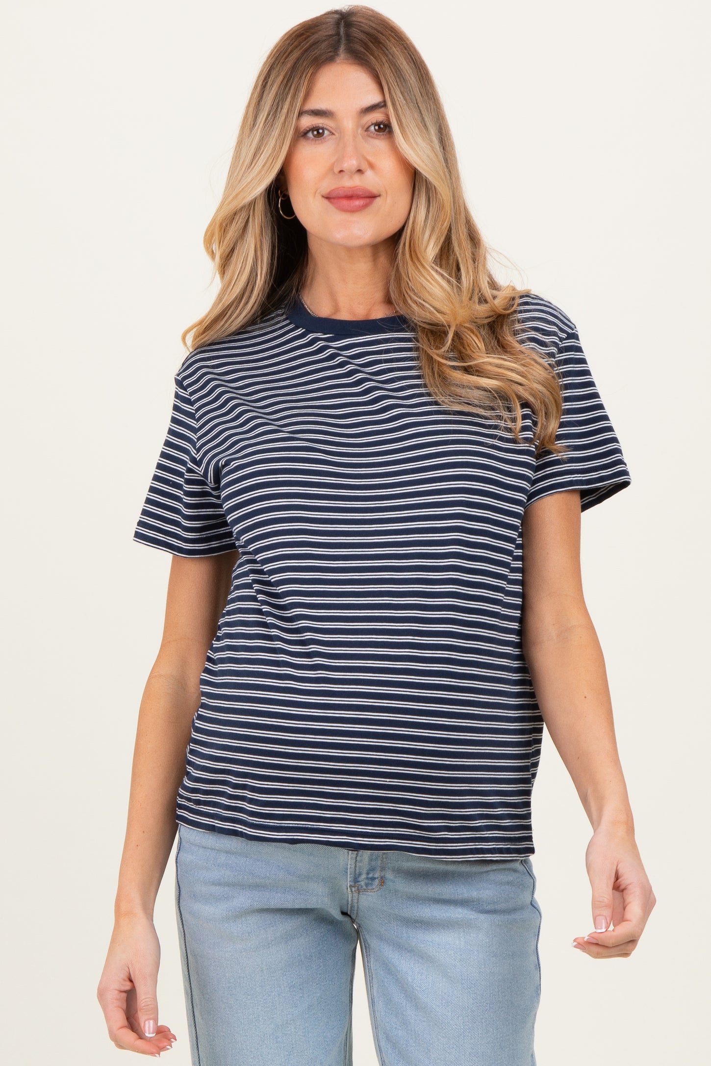 Navy/White Short Sleeve Round Neck Stripe Maternity Tee