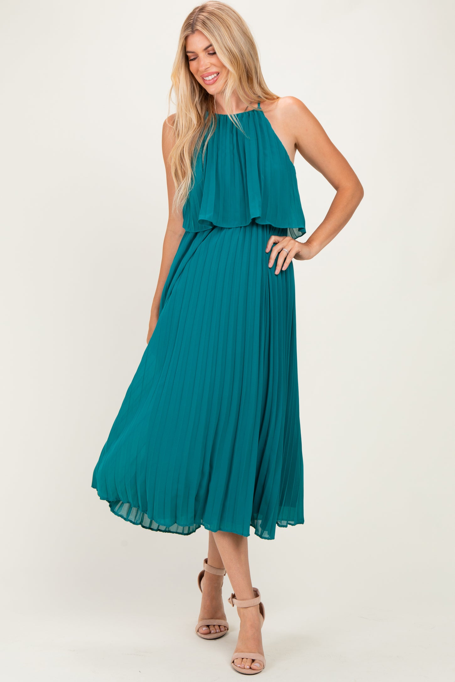 Teal Pleated Woven Midi Dress