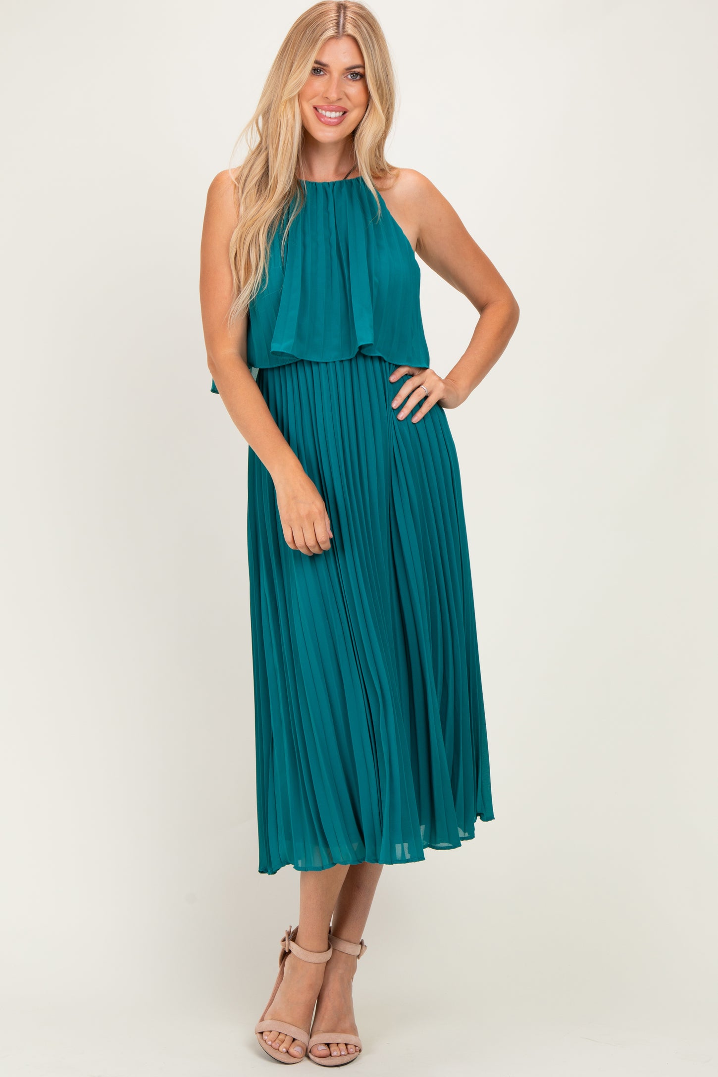Teal Pleated Woven Midi Dress