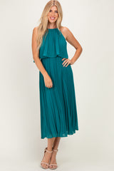 Teal Pleated Woven Midi Dress