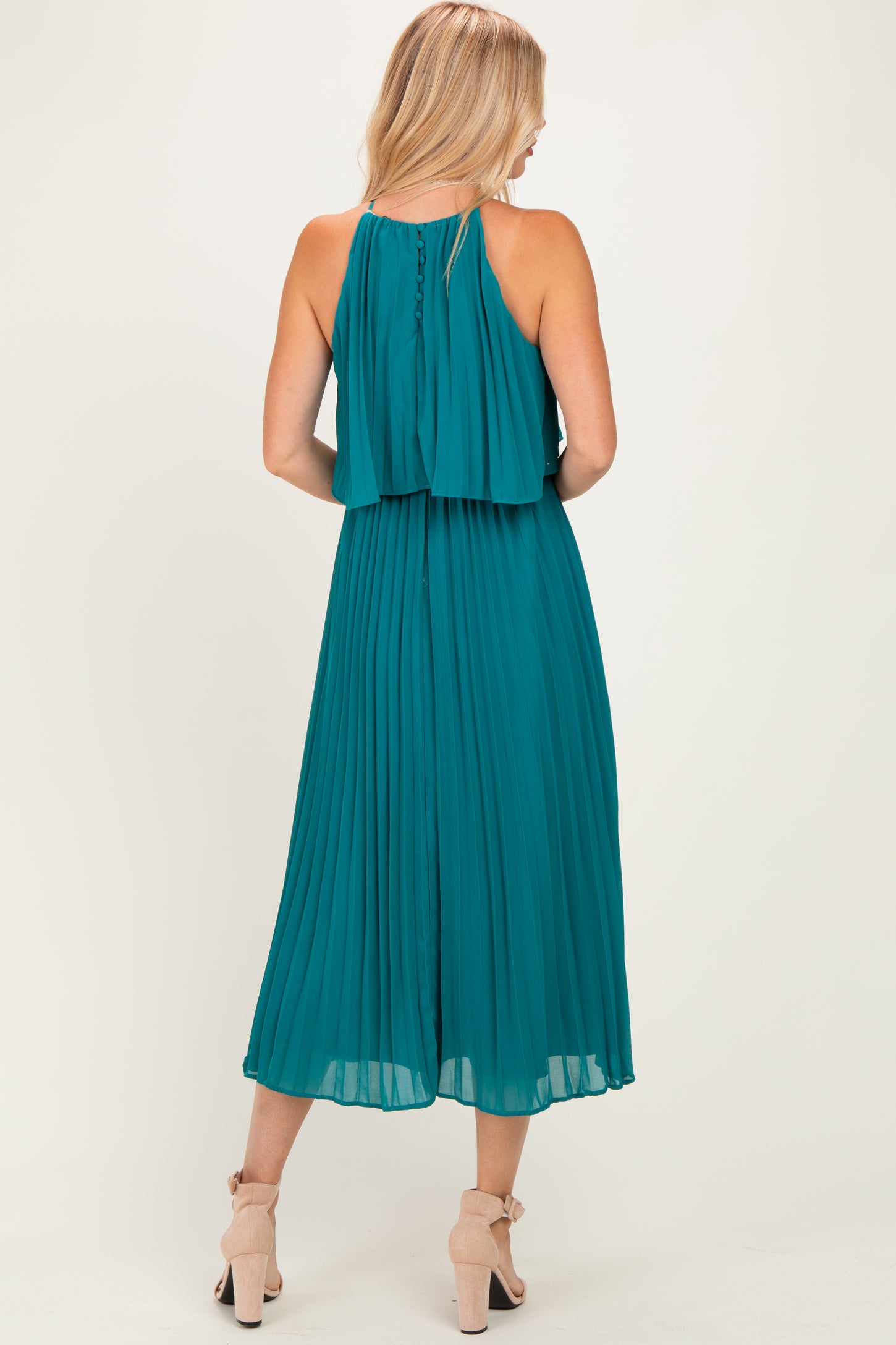 Teal Pleated Woven Midi Dress