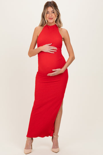 Red Halter Neck Open Back Maternity Maxi Dress