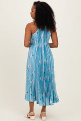 Light Blue Floral Pleated Halter Midi Dress