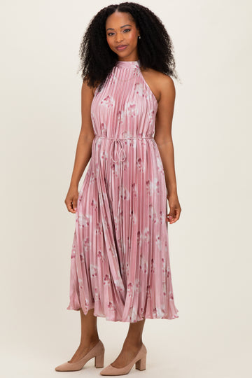 Light Pink  Floral Pleated Halter Midi Dress