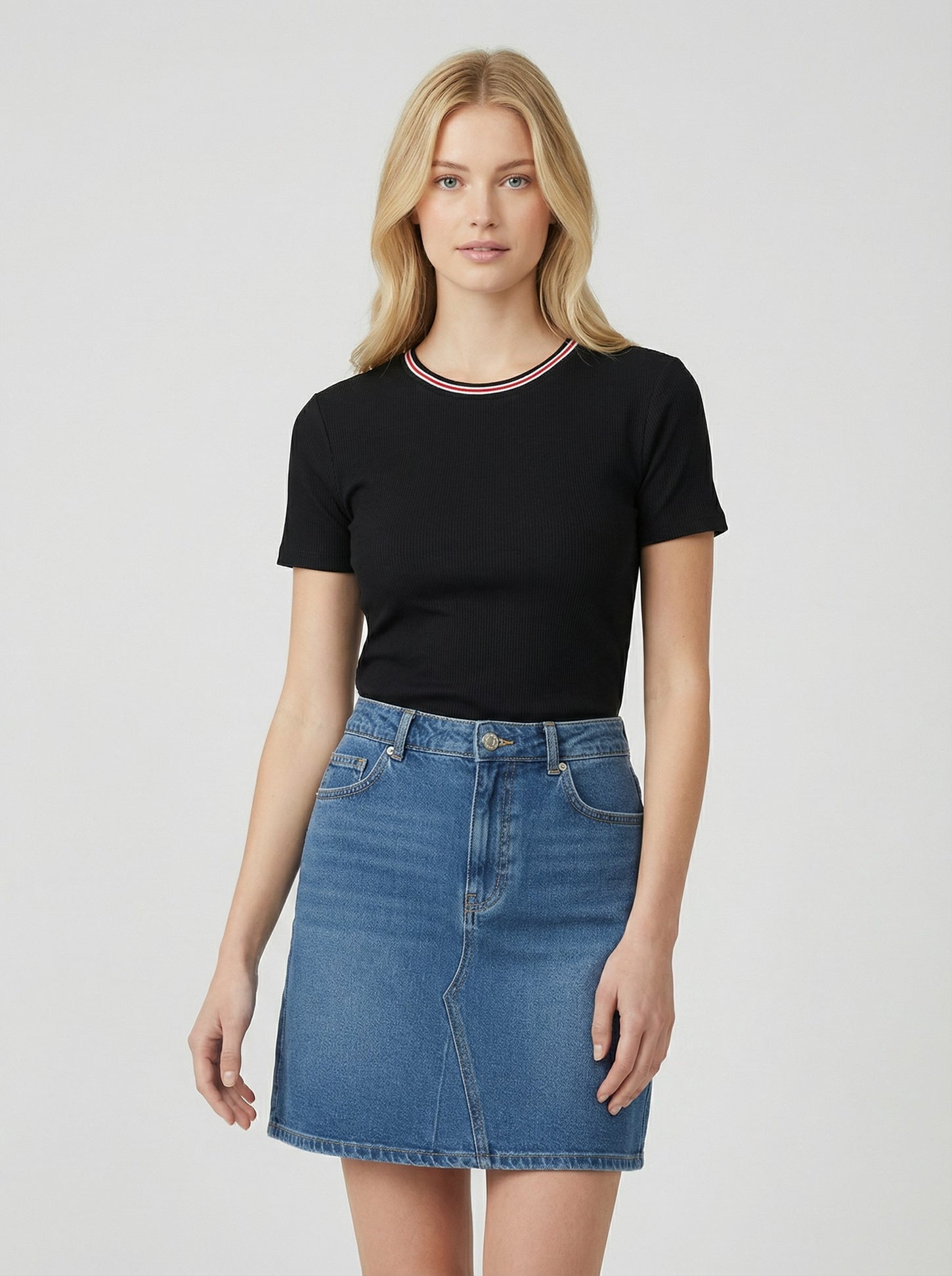 Black Ribbed Crewneck Maternity Tee With Contrast Trim