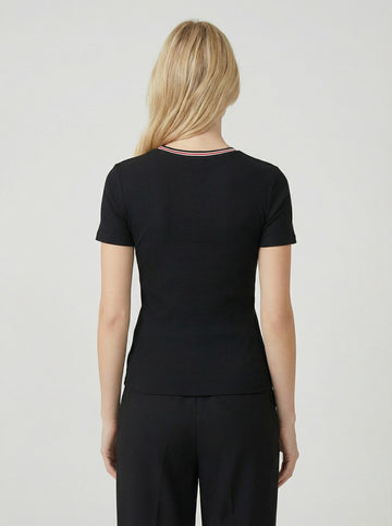 Black Ribbed Crewneck Tee With Contrast Trim