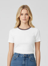 White Ribbed Crewneck Maternity Tee With Contrast Trim