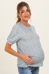 Taupe Ribbed Ditsy Floral Puff Sleeve Maternity Top