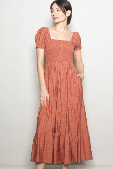 Mauve Tiny Floral Smocked Puff Sleeve Maxi Dress