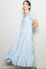 Light Blue Tiny Floral Smocked Puff Sleeve Maxi Dress