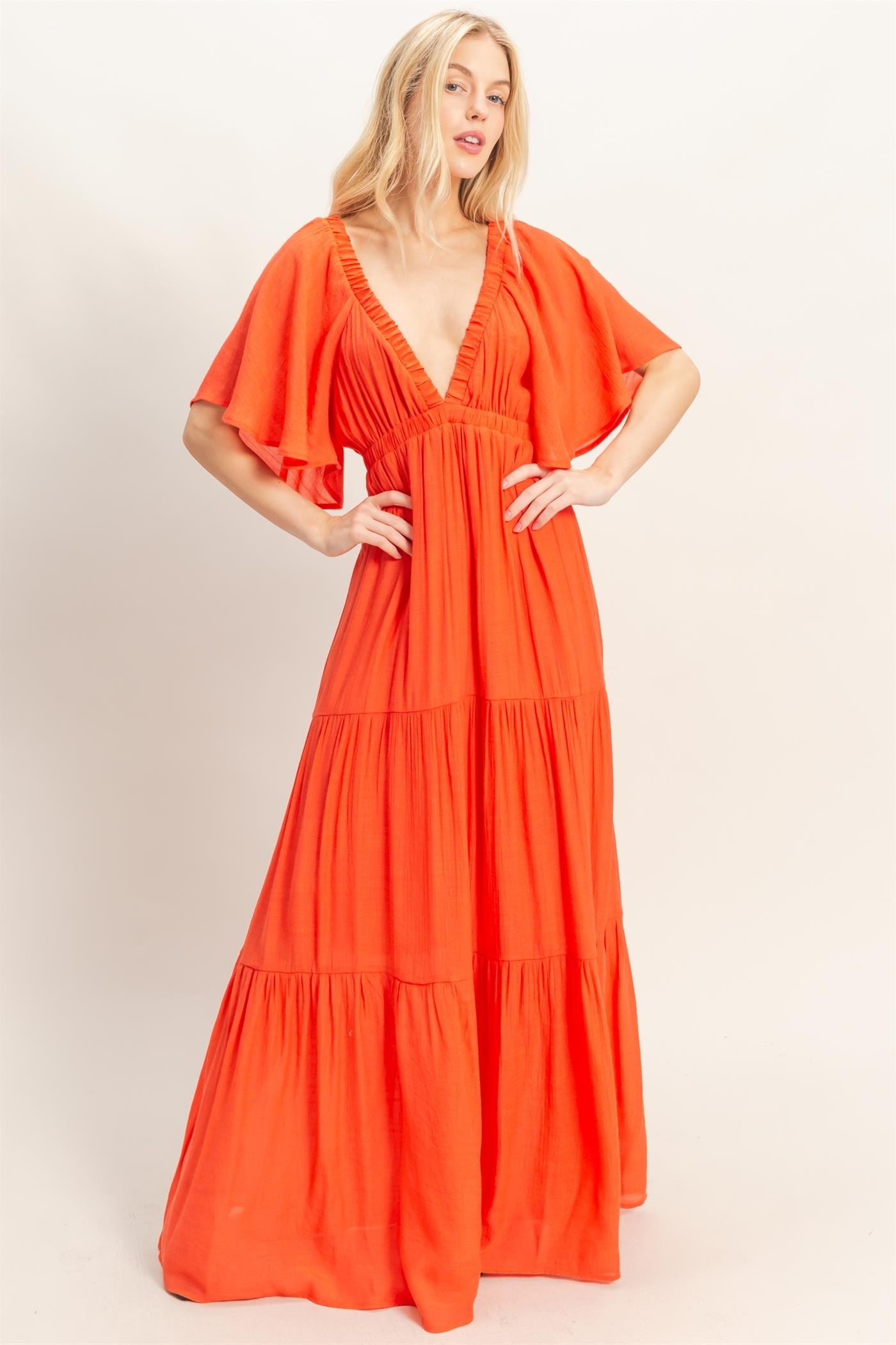 Orange Flutter Sleeve Maxi Dress