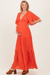Orange Flutter Sleeve Maternity Maxi Dress