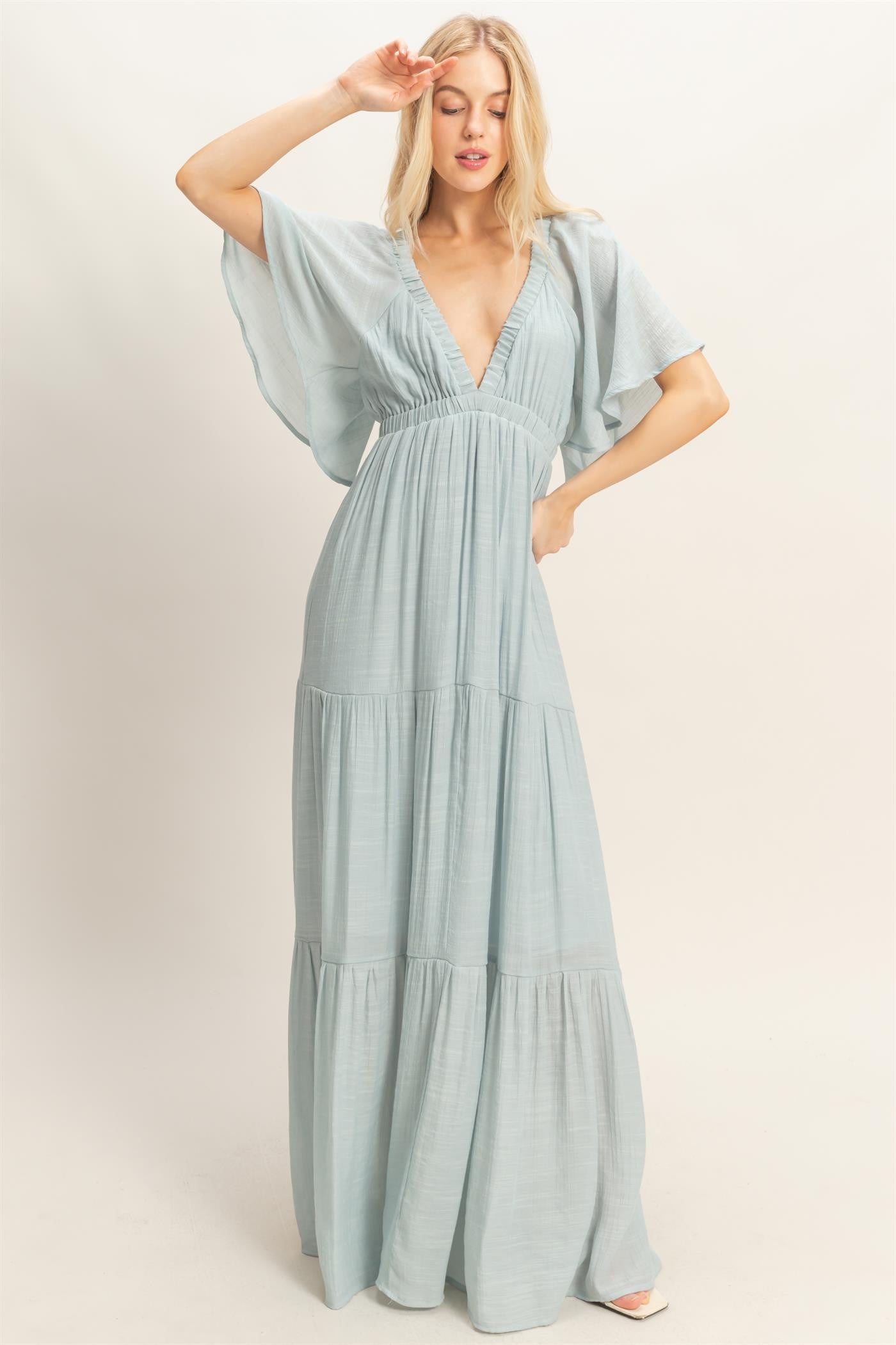 Light Blue Flutter Sleeve Maternity Maxi Dress