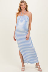 Blue Halter Neck Twist Bust Maternity Midi Dress