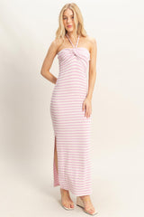 Lavender Halter Neck Twist Bust Maternity Midi Dress