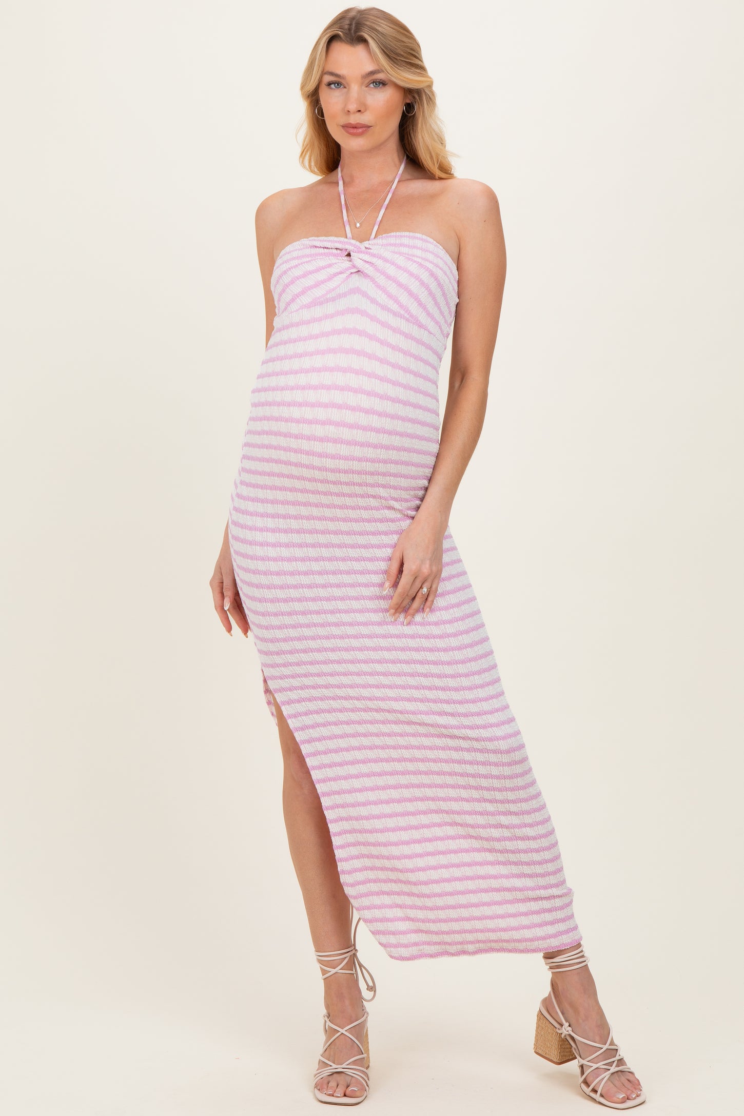 Lavender Halter Neck Twist Bust Maternity Midi Dress