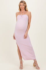 Lavender Halter Neck Twist Bust Maternity Midi Dress