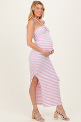 Lavender Halter Neck Twist Bust Maternity Midi Dress