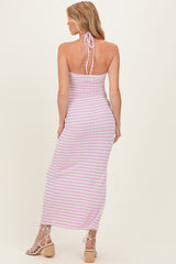 Lavender Halter Neck Twist Bust Maternity Midi Dress