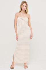 Taupe Halter Neck Twist Bust Midi Dress