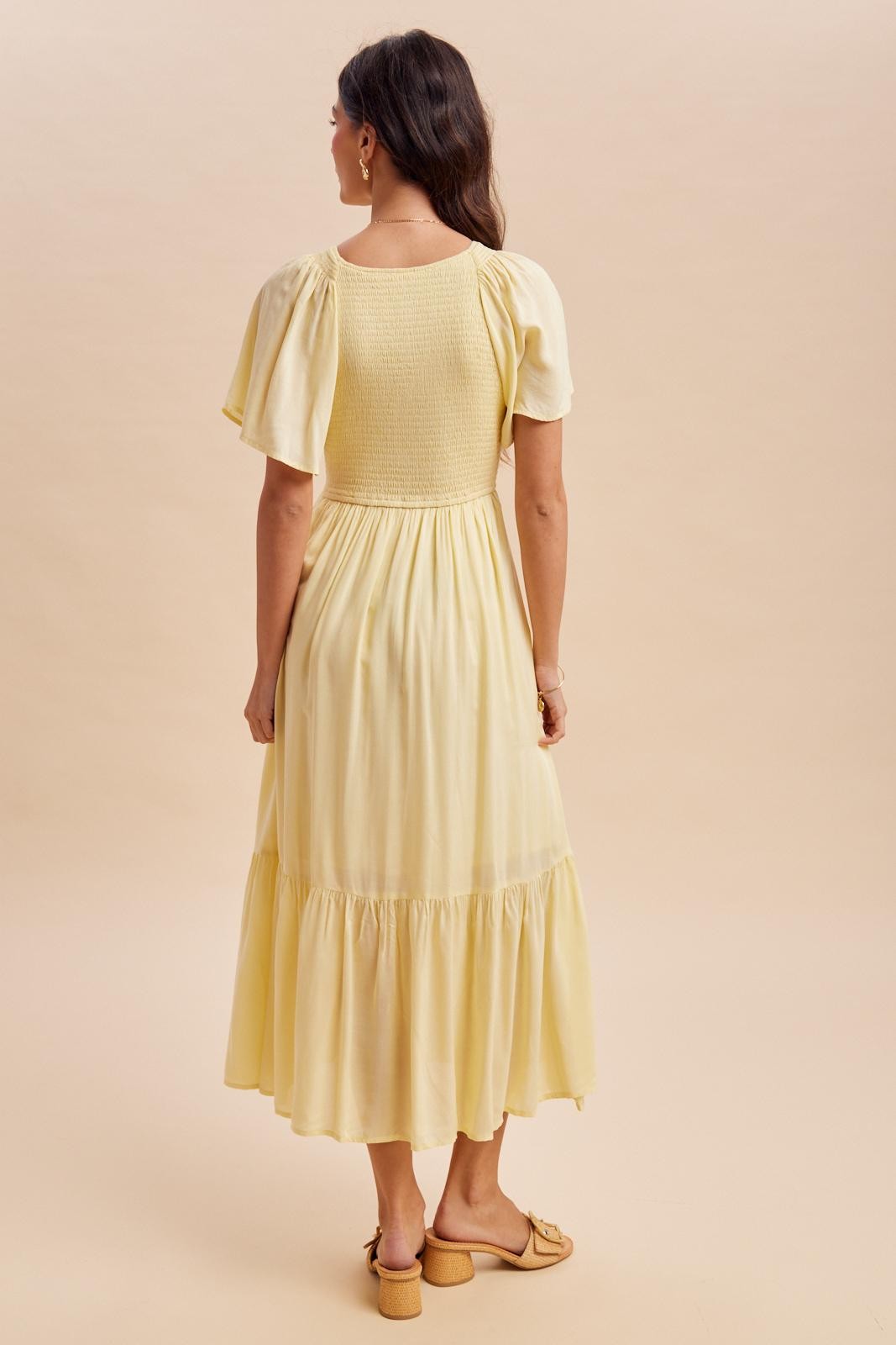 Yellow Smocked Midi Dress
