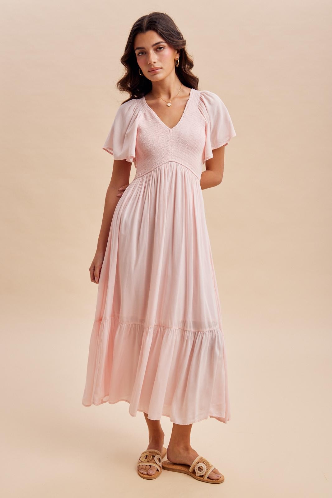 Light Pink Smocked Midi Dress