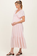 Light Pink Smocked Maternity Midi Dress